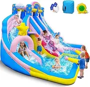 Culaluva Inflatable Water Slide: 6 in 1 Blow Up Bounce House Water Park for Kids 3-12 - Climbing Wall Splash Pool 2 Water Cannon 2 Slide Basketball Rim - 550W Blower - for Backyard Outdoor Birthday