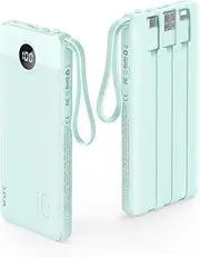 Portable Charger 10000mAh,VRURC Power Bank Built-in Cables, 5 Output 2 Input Cell Phone Battery Pack, Slim LED Display& USB C Cables Phone Charger Compatible with iPhone,Samsung,Android etc-Green
