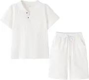 [KISLOVE] Boy's Cotton Shorts Set Linen Summer Short Sleeve Children Two Pieces Clothing Pants Sets
