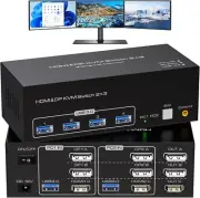 KVM Switch 3 Monitors 2 Computers 8K 60Hz 4K 120Hz, HDMI+2 Displayport,and 4 USB