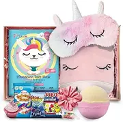 Kids Spa Sets for Girls Bundle with Unicorn Eye Sleep Mask, 7th Heaven Kids Face Mask, Kids Lip Balm, Bath Bomb, Unicorn Bath Sponge and Satin Scrunchie