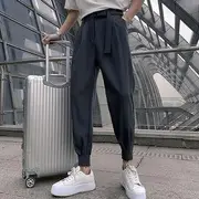 Mid Rise Plain Cropped Baggy Dress Pants Gray - L (30)