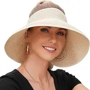 [Eliewai] Women Sun Visors with Roll-Up Ponytail Packable Foldable Wide Brim Straw UV Protection Sun Beach Hats for Women Travel