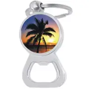 Palm Tree Tropical Sunset Bottle Opener Keychain - Metal Beer Bar Tool Key Ring