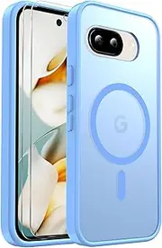 for Google Pixel 9A Case Magnetic Shockproof, [Fit for MagSafe] [Glass Screen Protector] Translucent Anti-Fingerprint Case for Google Pixel 9A (Light Blue)