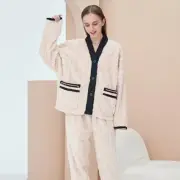 Women Coral Fleece Pajamas Set Warm Plush Sleepwear Tops Pants Fluffy Nightwear