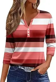 [Valtorixia] 3/4 Length Sleeve Women Henley V Neck Tops Casual Length Button Down Shirt Floral Print Blouses Plus Size Trendy Comfy Tees (color-b-23,Medium)