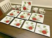 MAXCERA RED POINSETTIA Merry Christmas 12 Pc SET Dinner Salad Plates Mug Holiday