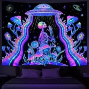 Galoker Blacklight Skeleton Tapestry Trippy Mushroom Floral Tapestry UV Reactive