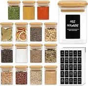 ComSaf 16Pcs Glass Spice Jars with Bamboo Lid, 6oz（180ml） Airtight Square Spice Containers with 275 Black Lables, Empty Seasoning Jars for Spice Salt Sugar