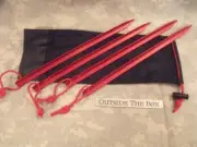Emergency/Survival: (4) 9" Aluminum TENT PEGS, Red, w/Mesh Bag & Rope Loops