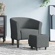 Tub Chair Living Room Single Chairs Fabric Dark Grey, Small Recliner with Footstool Modern Padded Seat for Living Spaces
