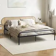 Oikiture Metal Bed Frame Double Size Bed Base with Rattan Headboard and Footrest