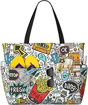 [Ghjkfbf] Comic Art Print Large Capacity Beach Travel Bag For Family, Beach Tote Bag For Women With Zipper Pockets, Black, One Size