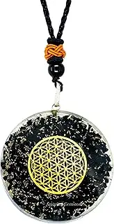 [Amazing Gemstone] Shungite Round Orgonite Pendant Necklace for EMF Protection - Powerful Orgone Pendant for Men, Women and Kids (Flower of Life)