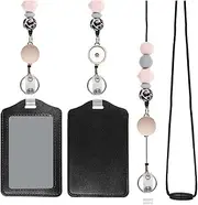 Retractable Lanyards for ID Badges and Keychain with PU Leather Holder Teacher Lanyards Breakaway for Women Pink