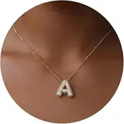 [Apsvo] Bubble Letter Necklace Gold, A-Z Balloon Initial Necklaces Rhinestone Puff Letter Pendant Chunky Alphabet Necklace for Women