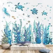 DECOWALL DS12-8084 Seaweed and Sea Creatures Wall Stickers Under The Sea Decals Fish Turtle Ocean Grass Jellyfish Colorful Tropical Bedroom Bathroom playroom Gift