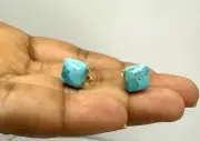 18K Yellow Gold Natural Blue Turquoise Stud Earrings, Gold Stud Earrings