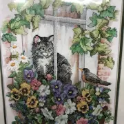 Vtg SUNSET DIMENSIONS Cat Springtime View Stamped Cross Stitch Kit #13133 2003