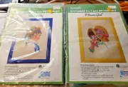 Lot 2 Vintage WonderArt Stitchery Kits Sailor Boy Flower Girl Crewel 5x7 NEW