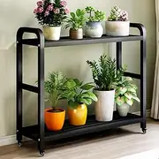 2 Tiers Metal Plant Stand Iron Flower Pots Holder Storage Shelf, Black Iron Planter Display Rack with Wheels Indoor and Outdoor Multilayer Organizer Shelves(100x30x90cm)