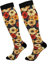 [AIXIWAWA] Sports Socks-Red Yellow Floral 1 Pair for Women Men, Knee High Long Socks for Athletic Casual, Multicolor