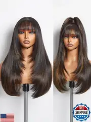 GORGIUS Highlight Straight Layered Wigs with Bangs Glueless Black Mixed Brown