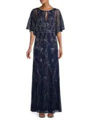Aidan by Aidan Mattox Beaded Mesh Column Gown, Jewel neck, Navy Size 2, $495 NWT