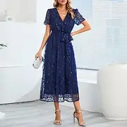 A-Line Sequin Dress Mother of the Bride Dress Elegant V Neck Floor Length Lace Short Sleeve with Sash / Ribbon Pleats