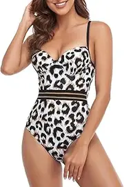[TEMKIN] Women's One Piece Swimsuit Leopard Print Bathing Suit Adjustable Strap Swimming Costume