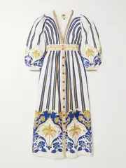 [Farm Rio] Farm Rio - Embellished Printed Linen-blend Midi Dress - Off-white - small small Off-white