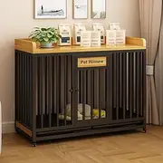 Medium Dog Crate,Furniture Dog Crate,Decorative Pet House Coffee Table,Indoor Dog Crate with Tray+Universal Wheels,Thickened Steel Frame,Easy Installation,Suitable for Indoors(Black,114cm/44.9in)