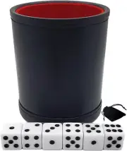 (6) 16mm Poker Dice White w/Pouch + Black PU Leather Red Felt Lined Cup