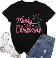 [Ascrazy] Merry Christmas Shirts for Women Christmas Trees Letter Printed Tshirt Xmas Holiday Tee Tops