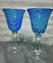Pier 1 Tiger Blue white Swirl Handblown Glass Wine Goblets Heavy Set of 2 Vtg