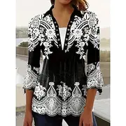 Women's Blouse Floral Graphic Daily Retro Vintage Casual 3/4 Length Sleeve Shirt Collar Regular Tops Daily Patchwork Print Black Yellow Blue Fuchsia Summer Spr