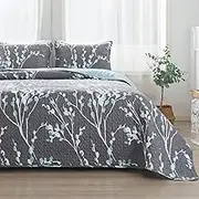 Andency Queen Quilt Bedding Set Grey Blue (96x90 Inch), 3 Pieces Floral Lightweight Bedspread, Microfiber Reversible Flower Quilted Coverlet with 2 Pillowcases for Men Women