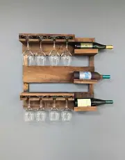 Wall Mount 3 Bottle Wine Rack - Amish Made Wine Storage with 8 Glass Hanger