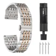 Stainless Steel Watch Bands Set 21mm Butterfly Clasp Watch Strap, Silver Rose