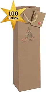 SIGEL GT042/100 Kraft Paper Bottle Gift Bags, Set of 100, Large Pack, 35 x 10 cm, Brown, Christmas with Apples