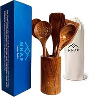 [NHAF] Premium Teak Wooden Cooking Utensils Set, 5-Piece, Wooden Spoons & Spatula, Eco-friendly, Durable, Non-stick, Safe for Non-stick Pans