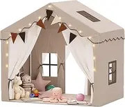 HOMMOW Kids Tent,Indoor & Outdoor Kid Playhouse 2 in 1 with Lights and Mat,54" x36.5" x 51" Large Play Tents with 2 Doors & 5 Windows,Beige