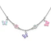 Sterling Silver Polished Enameled Floral & Butterfly Children'S Necklace