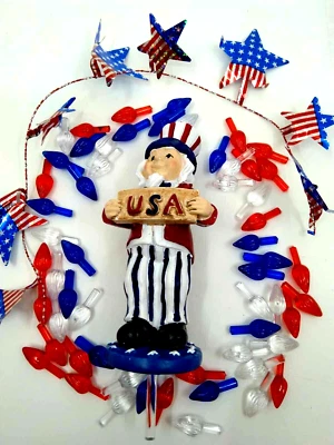 Large USA Uncle Sam Star Topper & 60 Bulbs for Ceramic Christmas Tree Lights