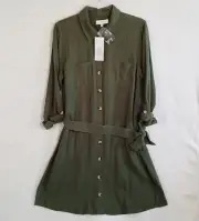 New Directions Women's Button Up Belted Belted Dress Size L Army Olive NWT