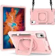 [Jarttarn] Kids Case Compatible with Lenovo Tab M11 11 inch TB-330FU/TB-331FC, Shockproof Protective Cover with Pen Holder 360°Rotatable Stand & Detachable Adjustable Shoulder Strap (Pink)