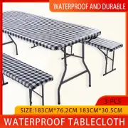 3pcs/set Picnic Table and Bench Fitted Elastic Waterproof Tablecloth Cover Decor