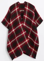 AnnTaylor LOFT Fringed Reversible Plaid Poncho Wrap Top Size X-Small/Small Black