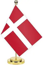 Denmark Desk Flag,12 inch Tall Small Danmark Danish Indoor Banner,Tiny Printing Decor For Office Home Table Meeting With Golden Metal Pole Base